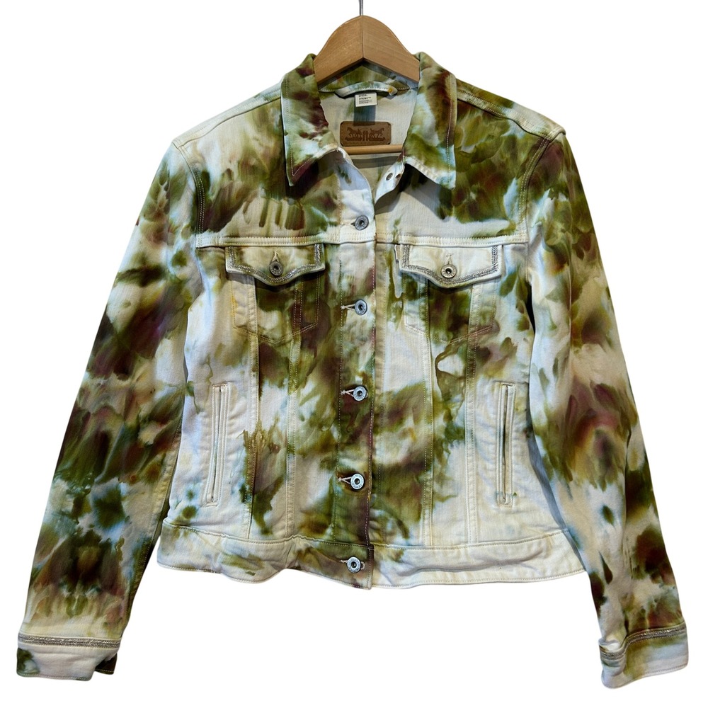 Levi's Denim Trucker Jacket Ex Boyfriend Sz L Green Tie Dye Stretch Boho Western